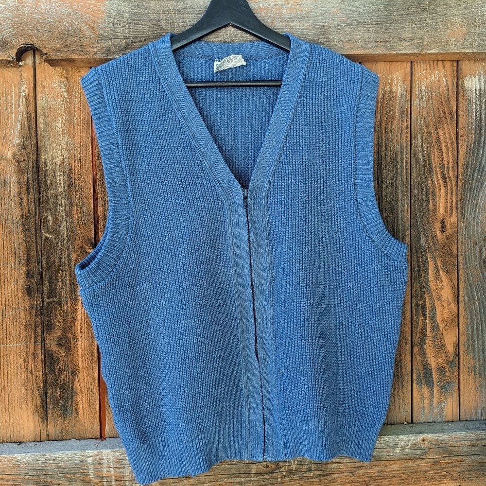 Vintage 80s Blue Wool Sweater Vest Men's XL Norsewear Knit Outdoors Zip‎ Up Fall